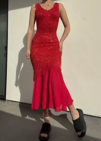 Red Sparkle Lace Maxi Dress (S)