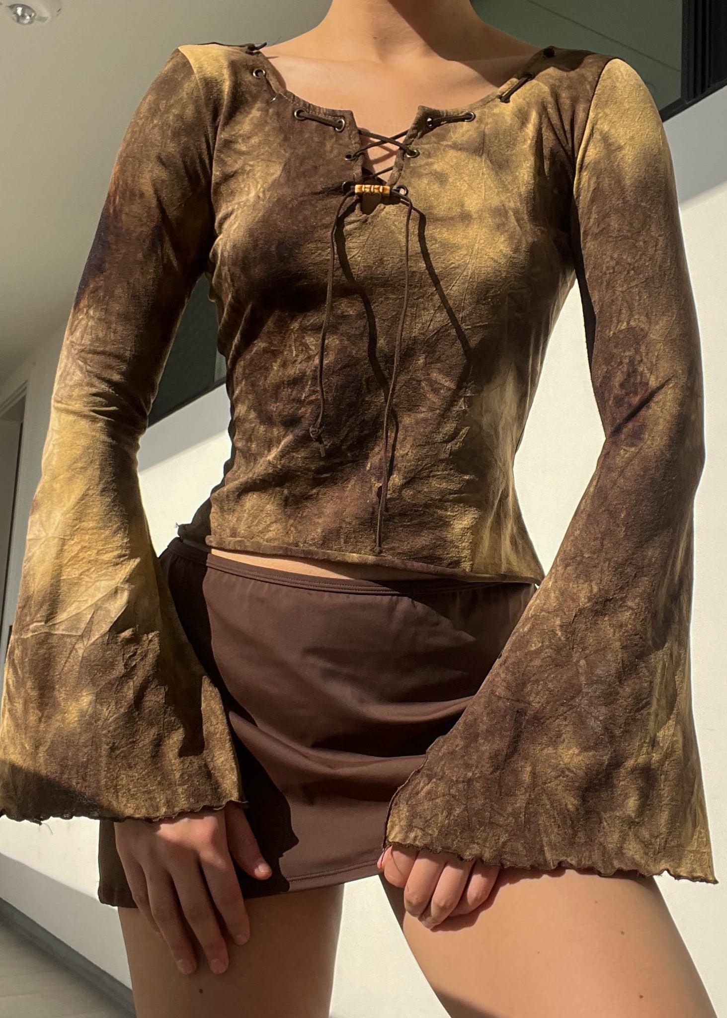 90's Brown Lace Up Bell Sleeve (S-M)