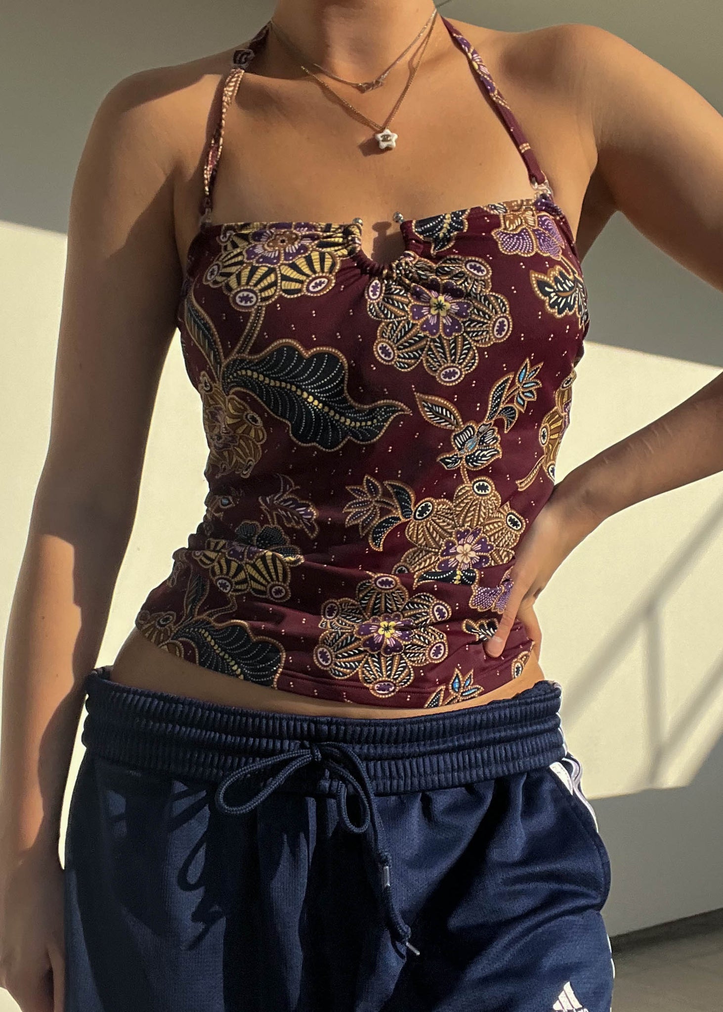 Y2k Burgundy Print Halter (M)