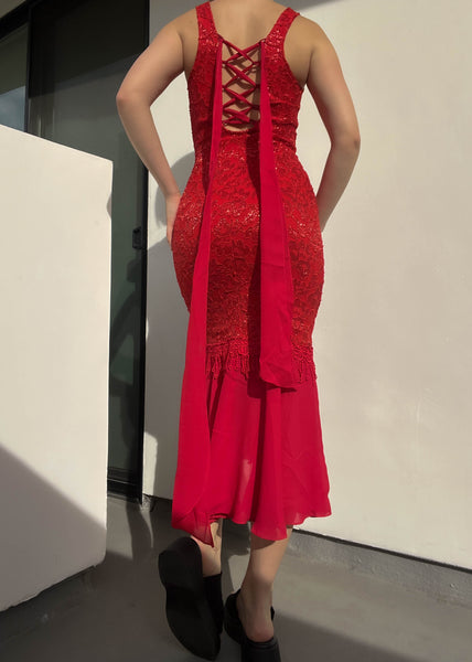 Red Sparkle Lace Maxi Dress (S)