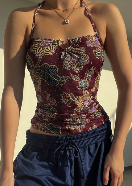 Y2k Burgundy Print Halter (M)
