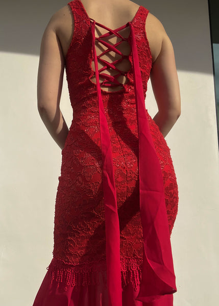 Red Sparkle Lace Maxi Dress (S)