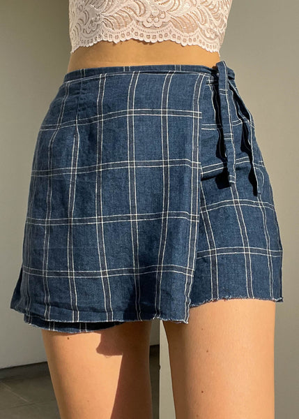 Plaid Dark Blue Linen Mini Wrap Skort (25”)