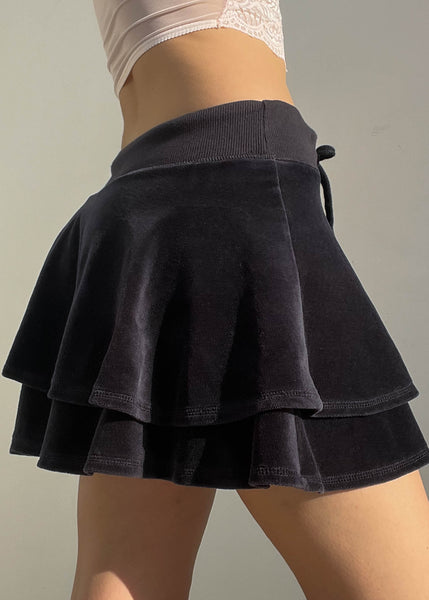 Y2k Black Velour Ruffle Mini Skirt