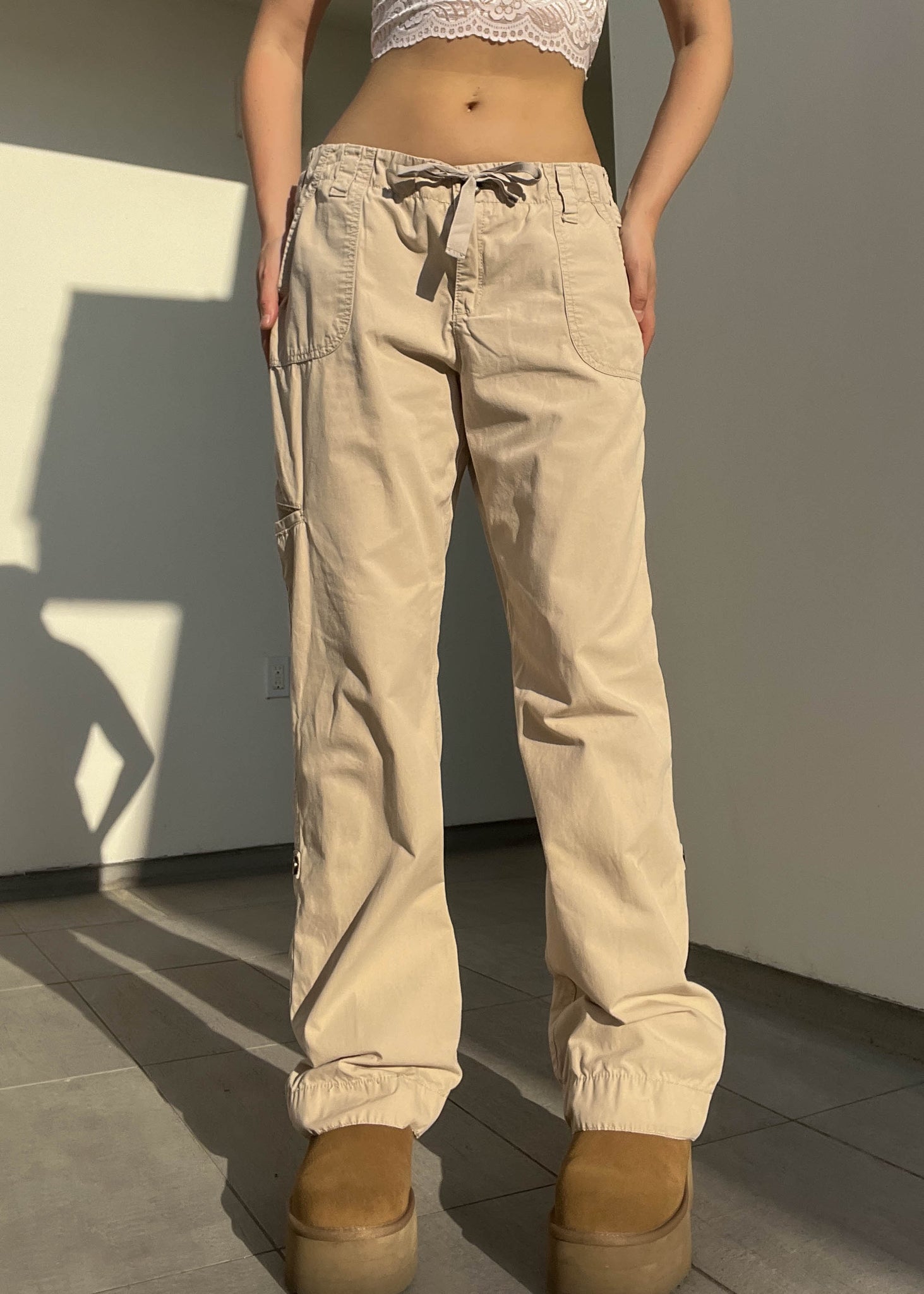 Y2k Tan Baggy Drawstring Cargo Pants (M)