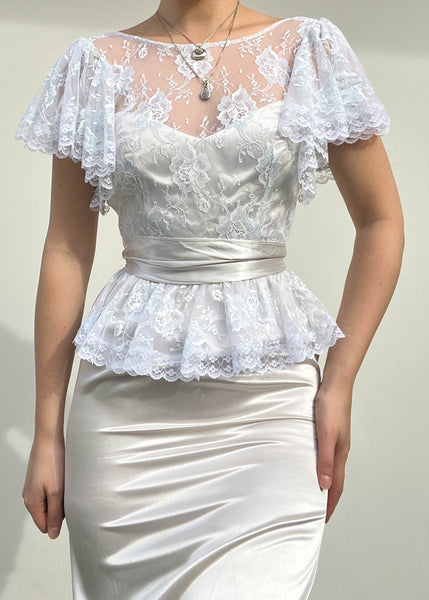 White & Baby Blue 80’s Midi Dress (XS)