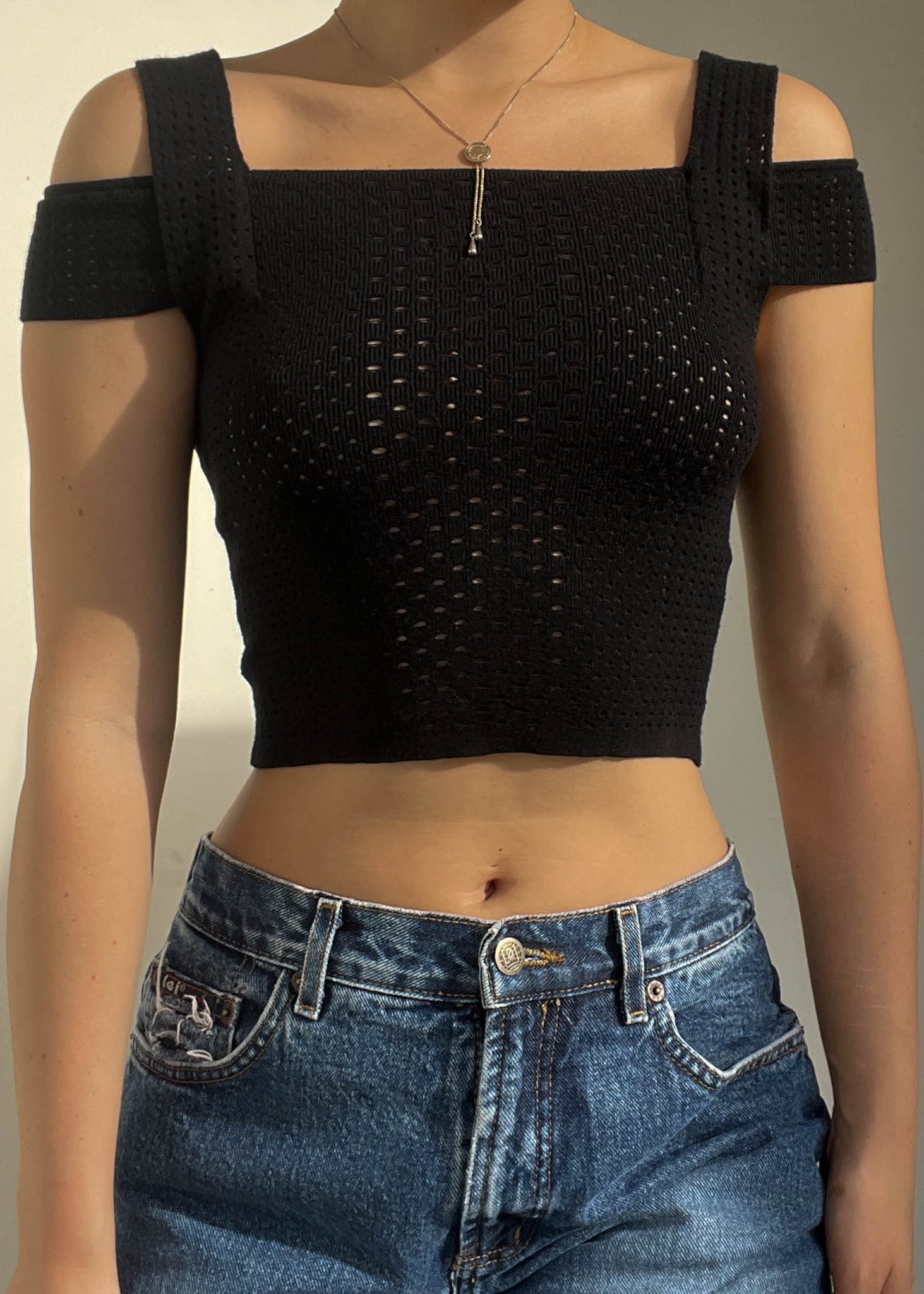 90's Black Knit Eyelet Tank (S)