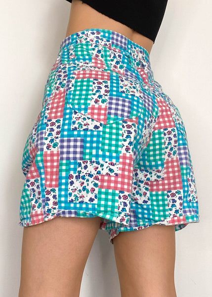 80's Floral and Gingham Print Shorts (27")