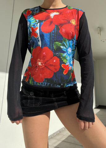 Floral Print + Mesh Sleeve Top (L-XL)