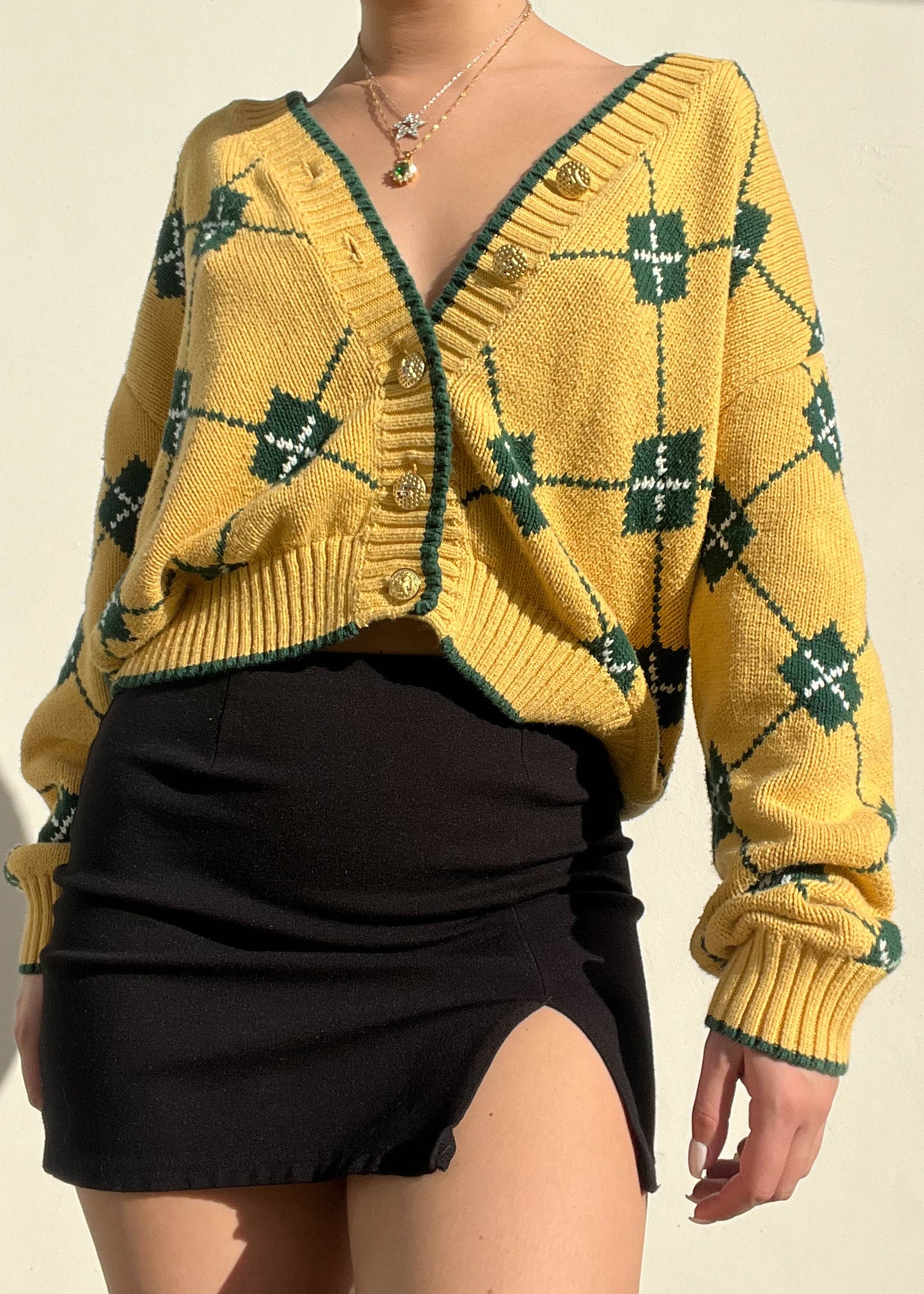 80's Yellow & Green Argyle Knit (M)