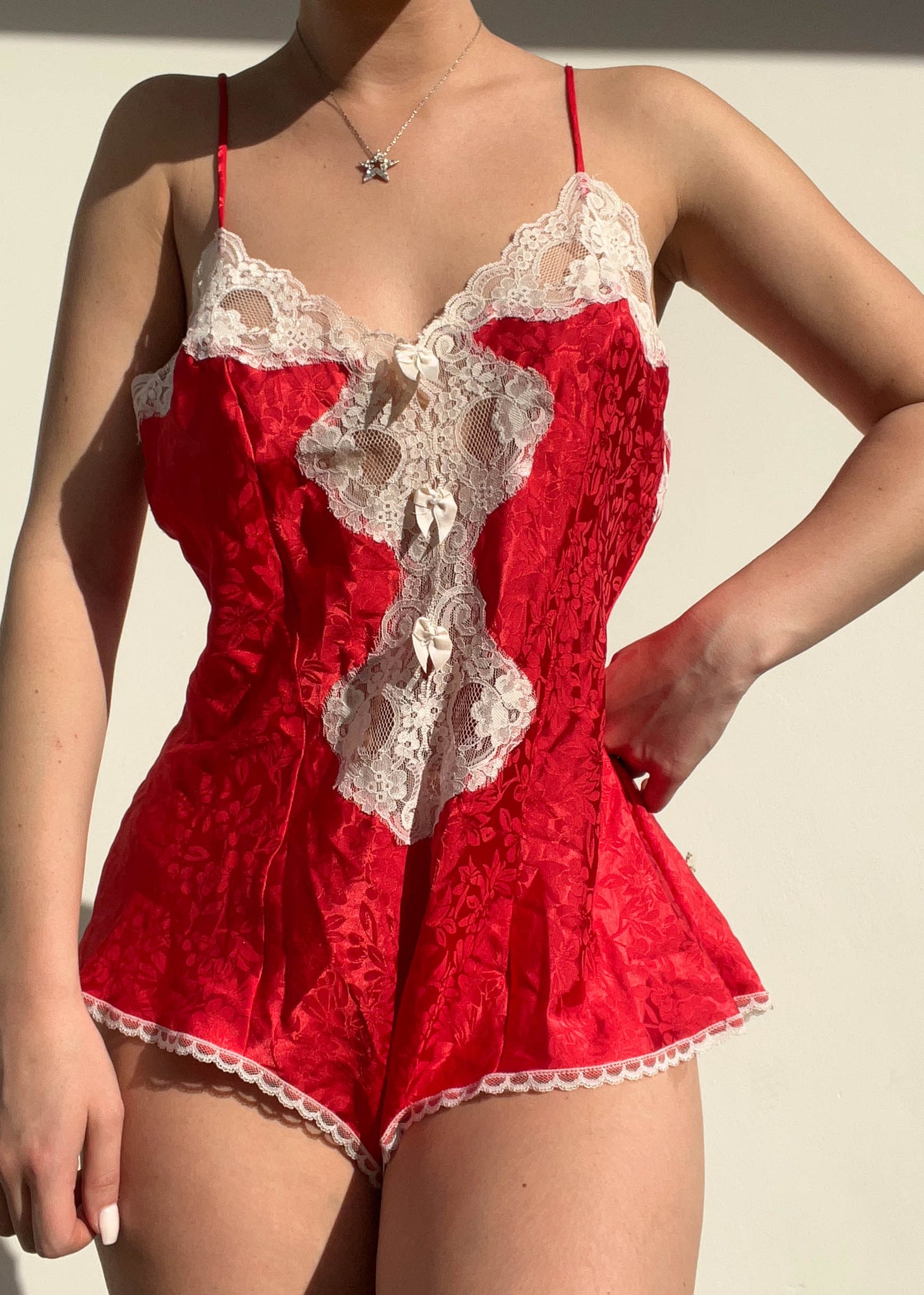 80's Red & Cream Silky Romper (M)