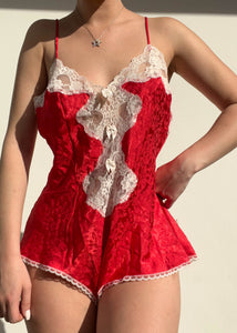 80's Red & Cream Silky Romper (M)