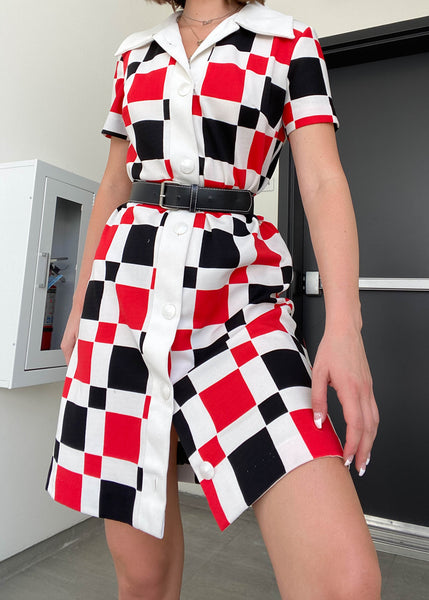 70's Red, White + Black Checkered Dress (M)