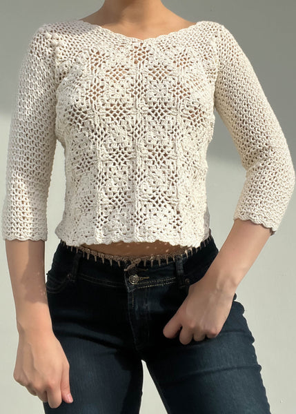 Ivory Crochet 3/4 Sleeve Top (S)