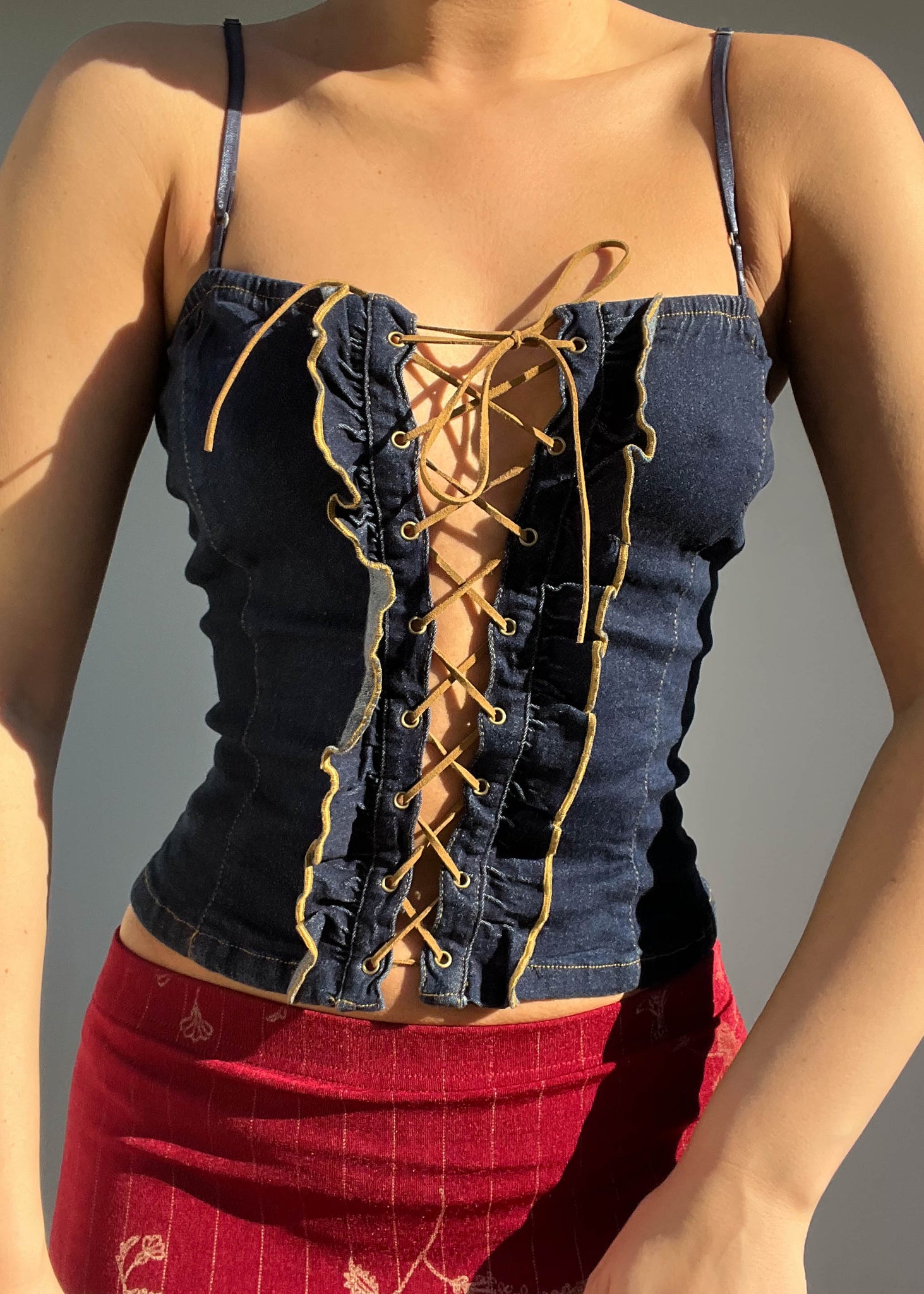 Y2k Denim Lace Up Tank Top (S)