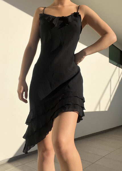 90's Black Asymmetrical Ruffle Dress (S)