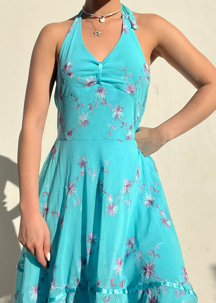 Y2k Aqua Floral Halter Dress (L)
