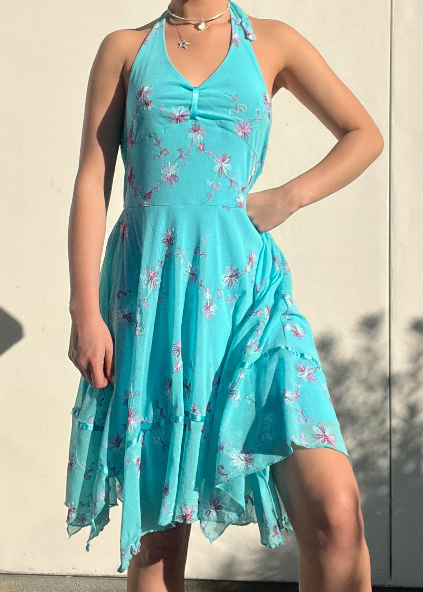 Y2k Aqua Floral Halter Dress (L) Retro and Groovy Y2k Aqua Floral Halter Dress (L) Retro and Groovy