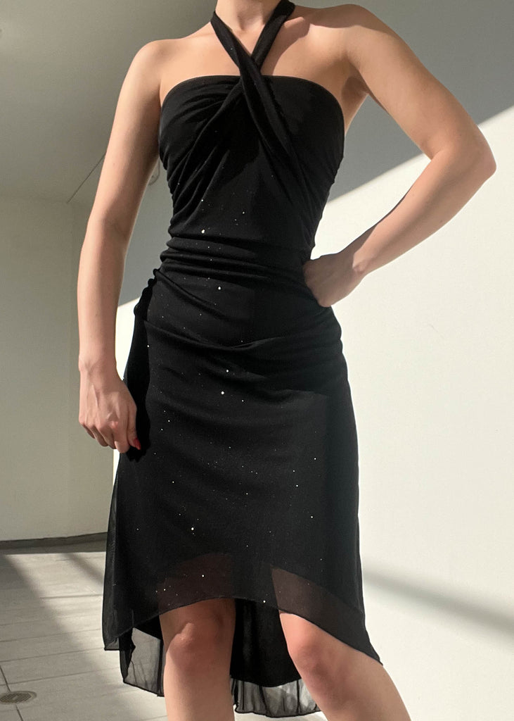 Y2k Black Sparkle Halter Dress (M) – Retro and Groovy Y2k Black Sparkle Halter Dress (M) – Retro and Groovy