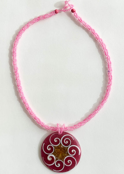 Beaded Pink Swirl Charm Necklace