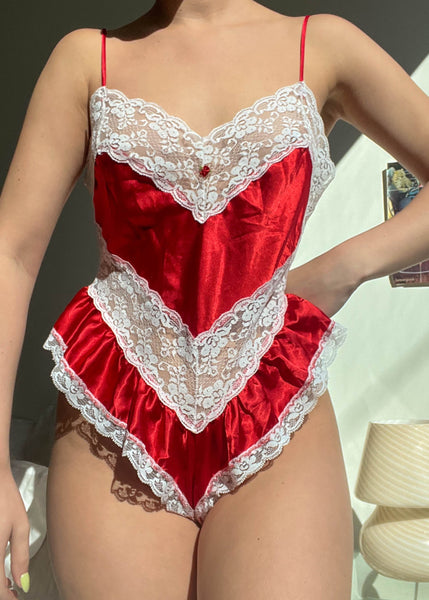 80's Red Satin & White Lace Teddy (S)