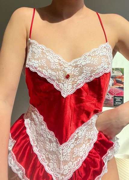 80's Red Satin & White Lace Teddy (S)