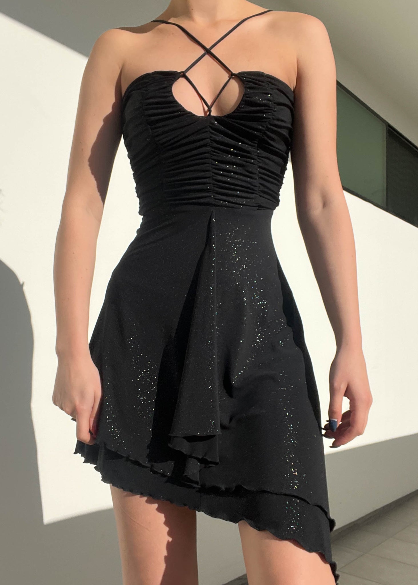 Y2k Bebe Black Sparkle Mini Dress (S)