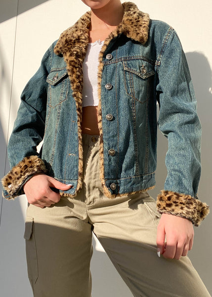 Y2k Cheetah Fur Trim Denim Jacket (M)