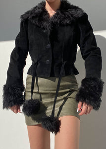 Vintage Black Leather Fur Trim Jacket (S)