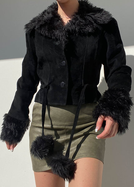 Vintage Black Leather Fur Trim Jacket (S)