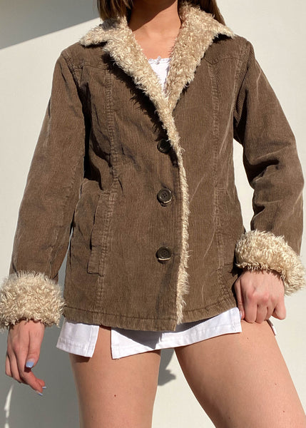 Y2k Brown Corduroy & Tan Fuzzy Jacket (S)