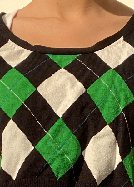 Y2k Green, White & Black Argyle Knit (S-M)