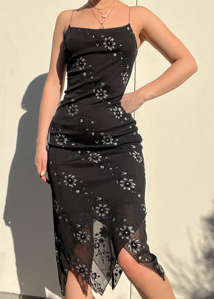 90's Black Sparkle Floral Midi (S)