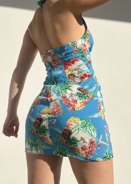 90's Tropical Print Halter Mini Dress (S)