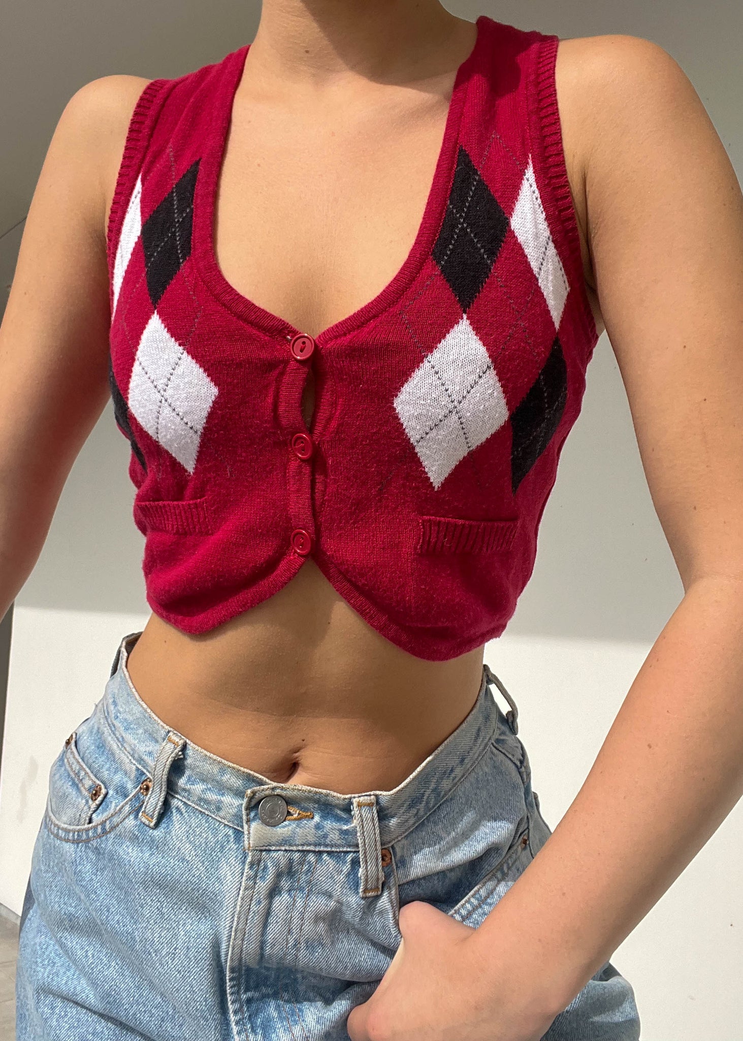 Y2k Red Argyle Knit Vest (XS)