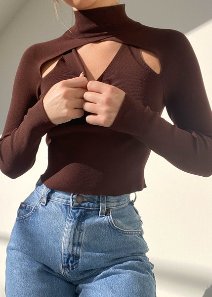 90's Brown Layered Cutout Top (S)