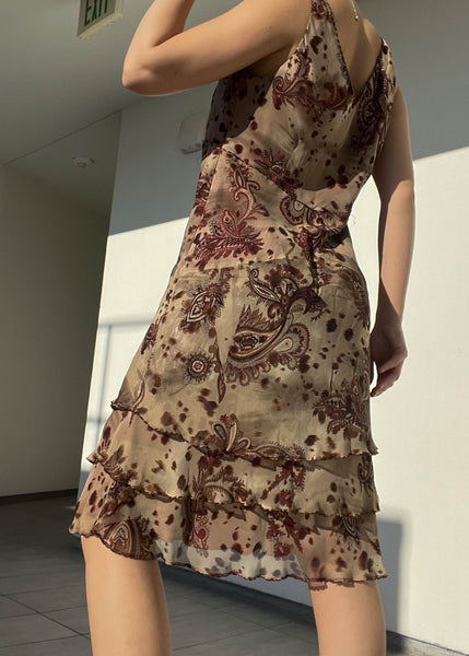 2000's Burgundy & Brown Paisley Silk Dress (L)
