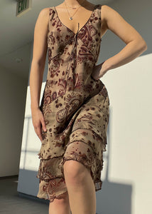 2000's Burgundy & Brown Paisley Silk Dress (L)