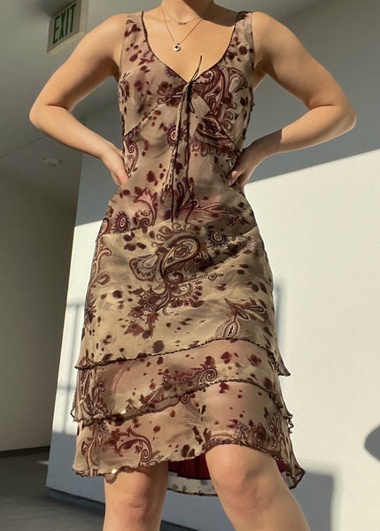 2000's Burgundy & Brown Paisley Silk Dress (L)