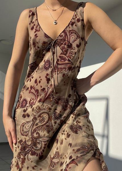 2000's Burgundy & Brown Paisley Silk Dress (L)