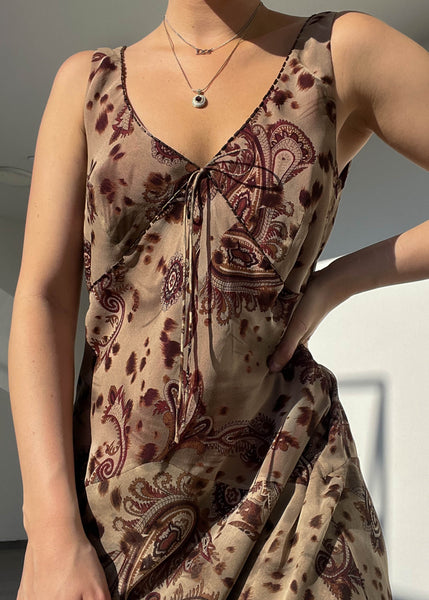 2000's Burgundy & Brown Paisley Silk Dress (L)
