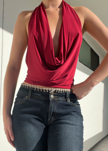 Red Draped Neck Backless Top (S-M)