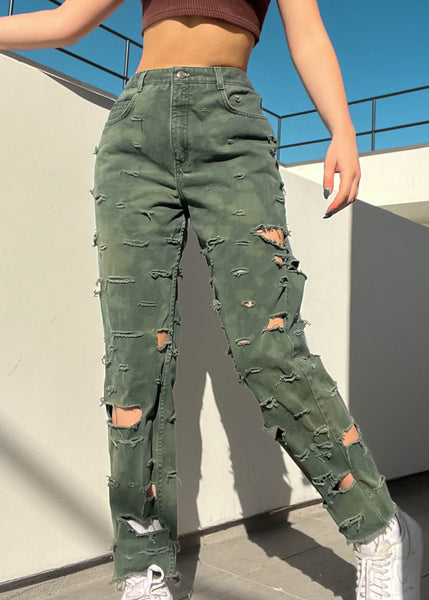 Olive Distressed Mom Jeans (28")