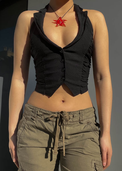 Y2k Black Ruched Halter Vest (S)