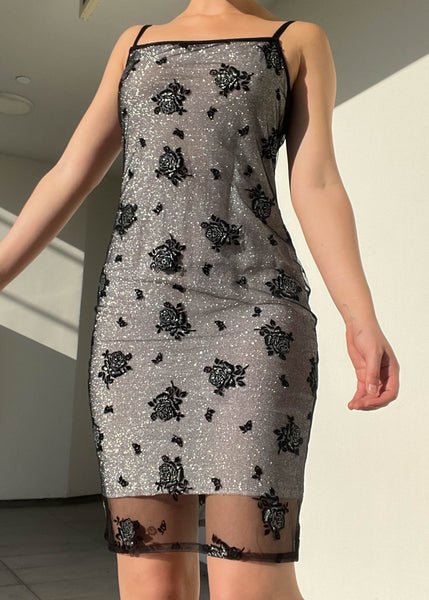 90's Layered Floral Lace & Glitter Dress (M)