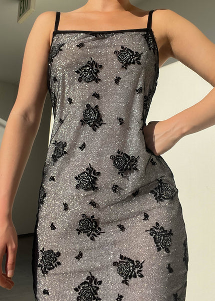 90's Layered Floral Lace & Glitter Dress (M)