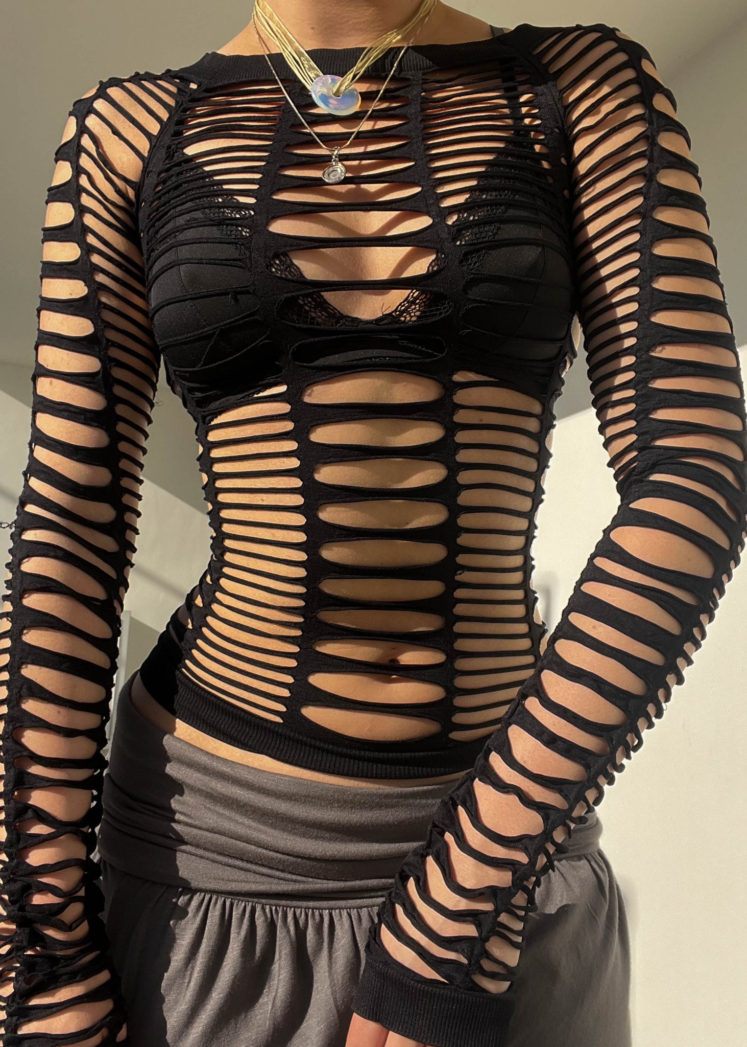 Y2k Black Cut-Out Mesh Top (S-M)