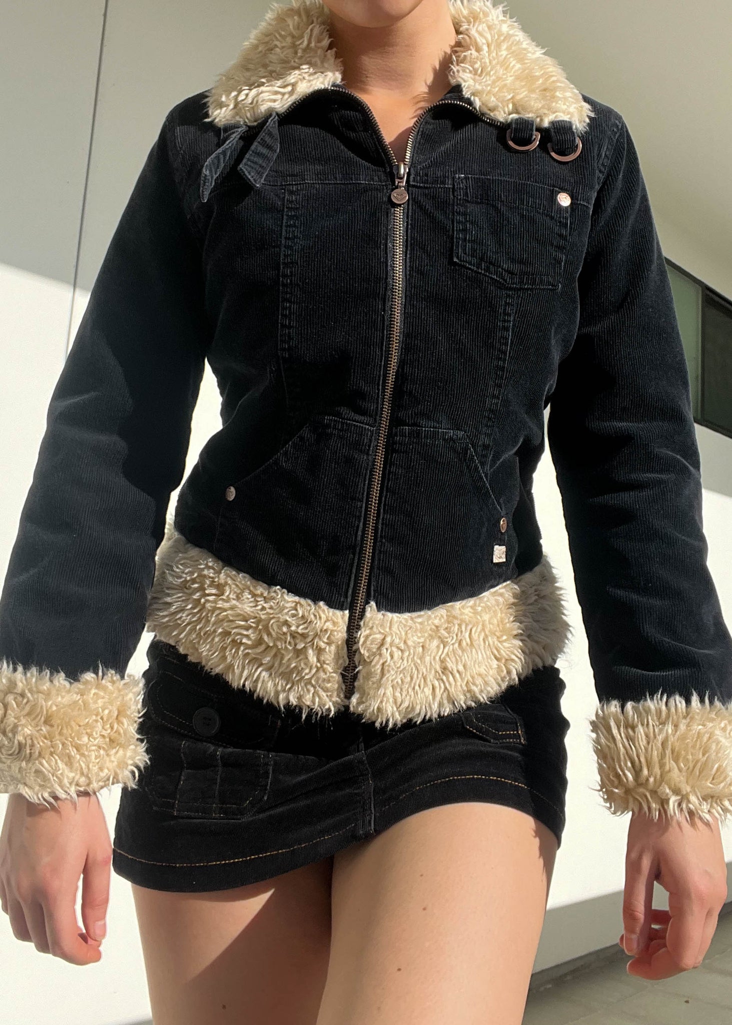 Black & Cream Fur Trim Cord Jacket (S)
