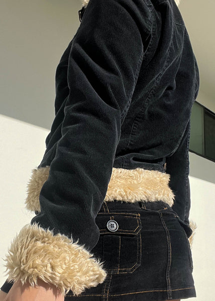 Black & Cream Fur Trim Cord Jacket (S)