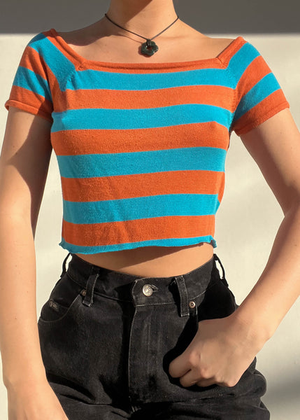 Y2k Orange & Blue Striped Tee (S-M)